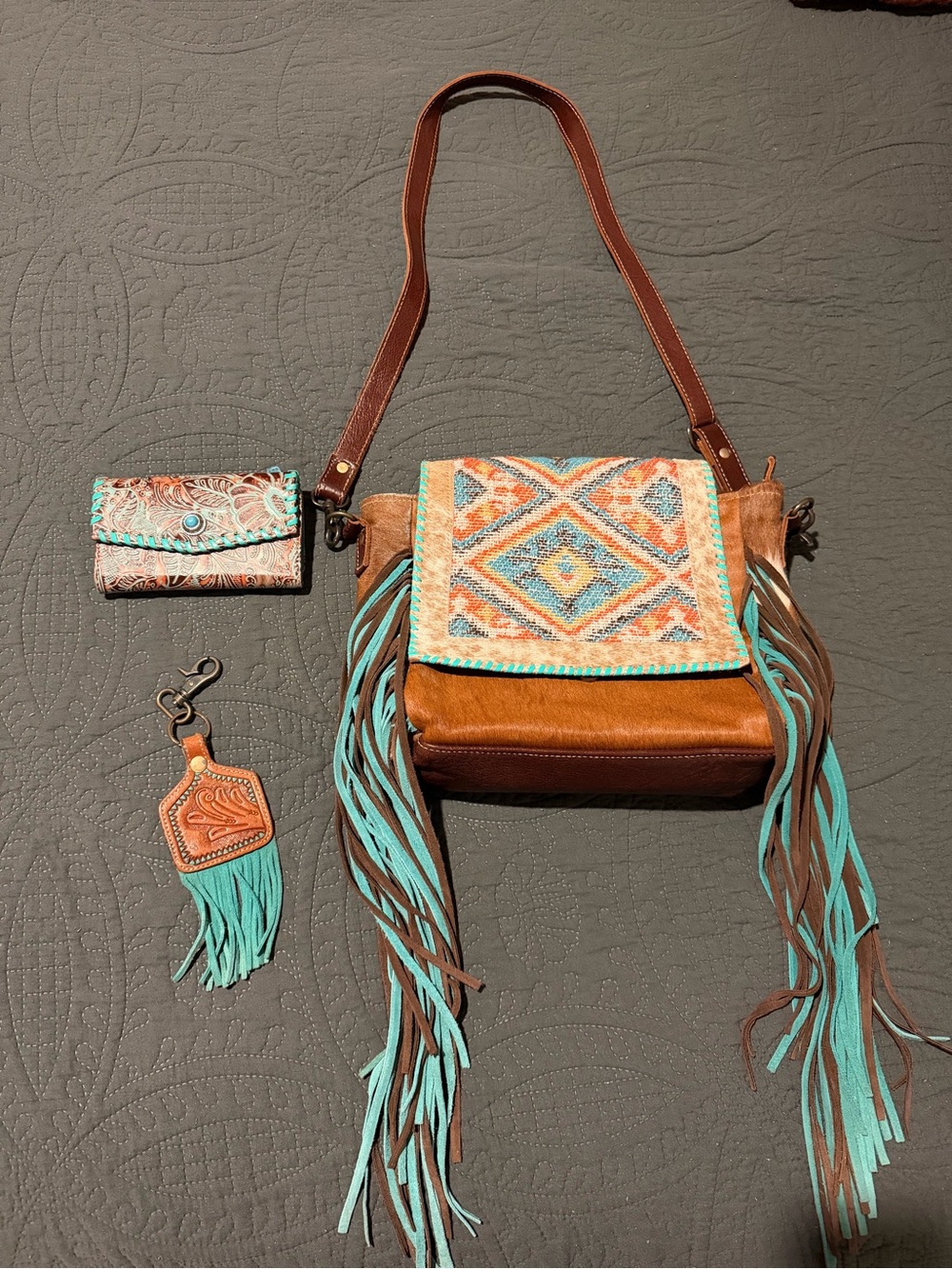 Myra Bag Turquoise Fringe Brown Leather Crossbody Bag with Embroidered Flap